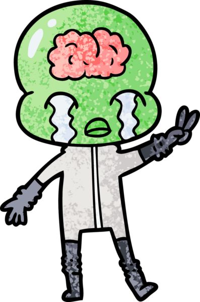 çizgi film büyük beyin uzaylı ağlayan ve bir insan tarafından çizilen barış işareti veren