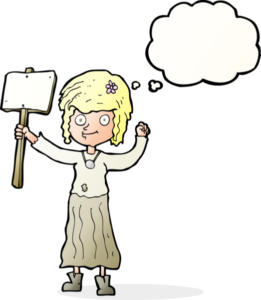 Bir insan tarafından çizilmiş düşünce balonlu protestolu hippi kız.