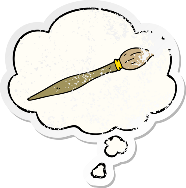 Düşünce baloncuklu karikatür fırçası bir insan tarafından çizilmiş yıpranmış bir çıkartma.