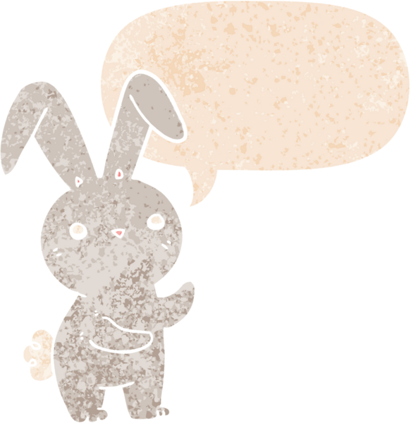 Konuşması kabarcıklı şirin çizgi film tavşanı bir insan tarafından çizilmiş dertli retro tarzı.