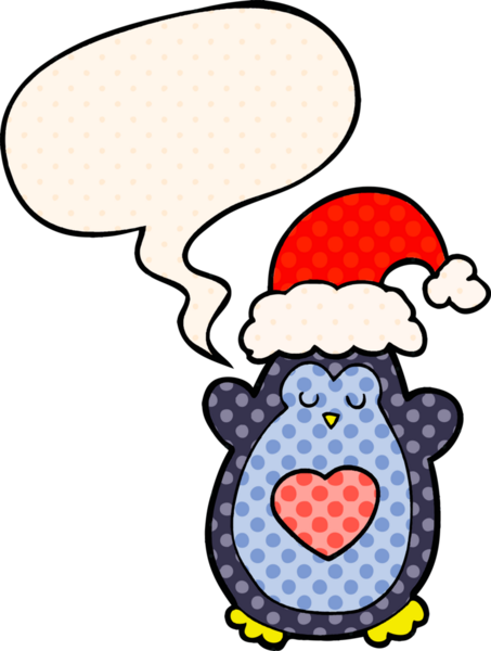 Bir insan tarafından çizilmiş çizgi roman tarzında konuşma balonu olan şirin bir Noel pengueni.