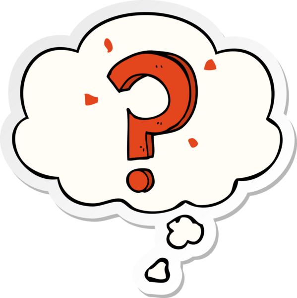 insan tarafından çizilmiş bir çıkartma olarak düşünce baloncuğu ile çizgi film soru işareti