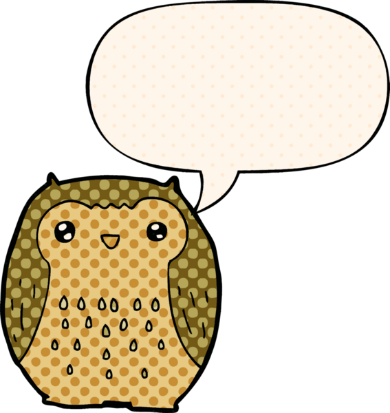 Bir insan tarafından çizilmiş çizgi roman tarzında konuşma balonu olan sevimli bir baykuş.
