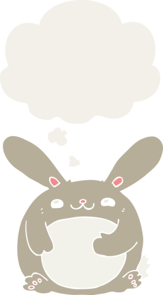 Düşünce baloncuklu çizgi film tavşanı insan tarafından çizilmiş.