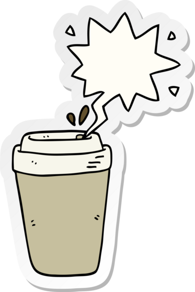 Bir insan tarafından çizilmiş konuşma balonu çıkartmalı çizgi film kahve fincanı.