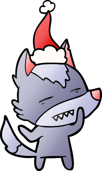 Bir insan tarafından çizilmiş Noel Baba şapkası giymiş bir kurdun el çizimi karikatürü.