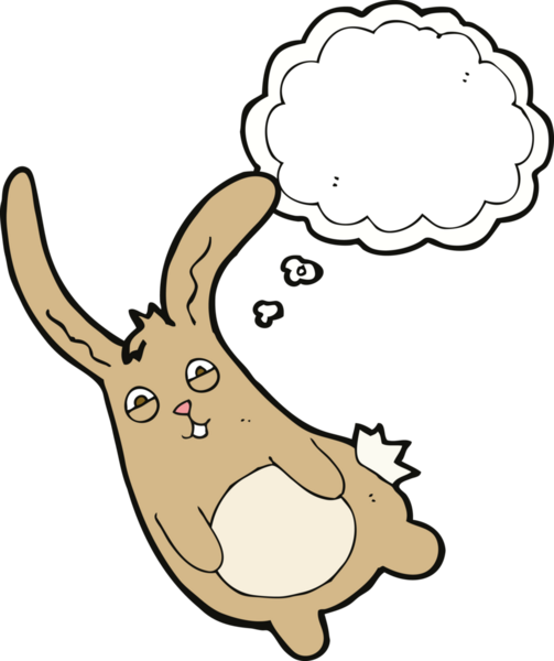 Bir insan tarafından çizilmiş düşünce balonlu komik çizgi film tavşanı.