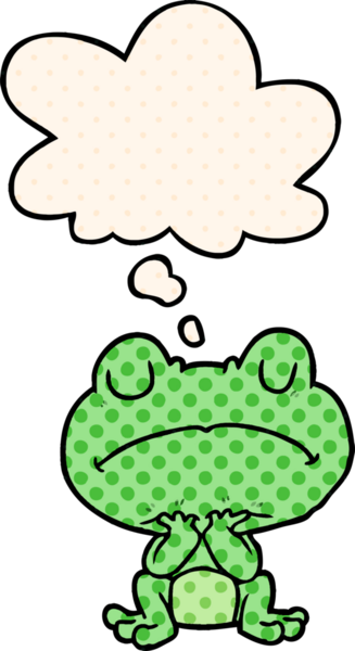Çizgi roman tarzında düşünce baloncuğu olan çizgi film kurbağası.