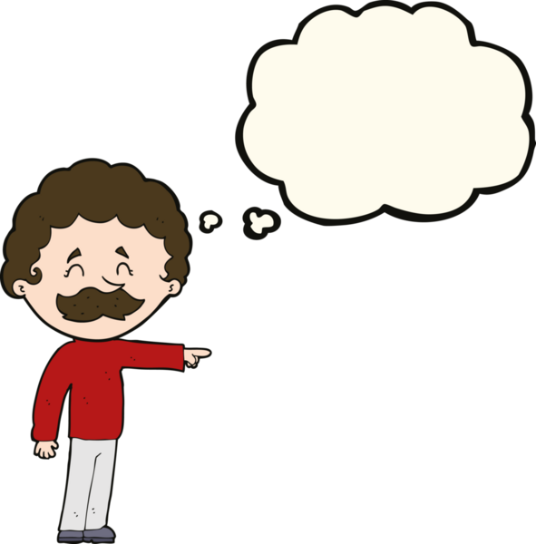 Çizgi filmdeki bıyıklı adam bir insan tarafından çizilmiş düşünce balonuyla işaret ediyor.