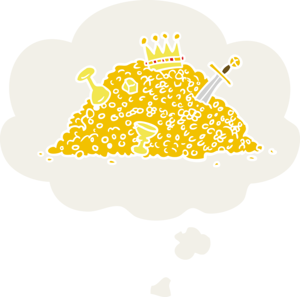 Düşünce baloncuğu insan tarafından çizilmiş bir hazine yığını.