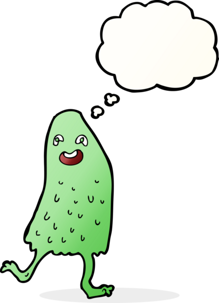 Bir insan tarafından çizilmiş düşünce baloncuklu komik balçık canavarı.