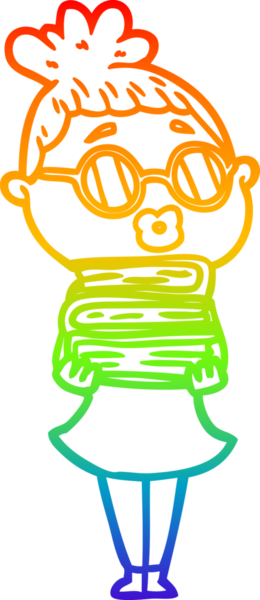 Gökkuşağı gradyan çizgi çizimi bir insan tarafından çizilmiş gözlük takan bir kütüphaneci kadın.