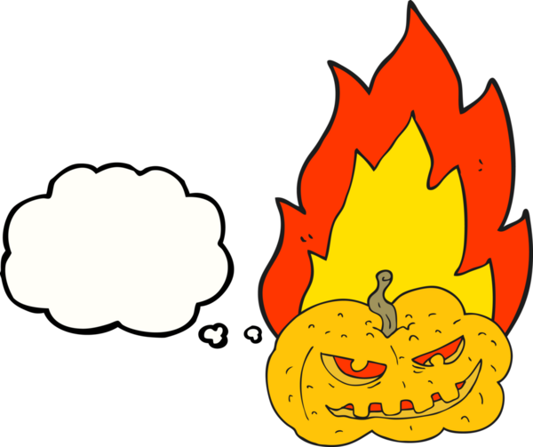 Serbest çizim düşünce baloncuğu karikatürü bir insan tarafından çizilmiş alevli Cadılar Bayramı balkabağı