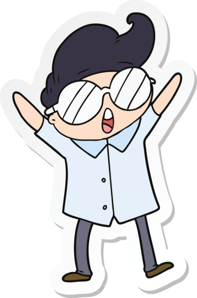 Bir insan tarafından çizilmiş gözlüklü bir çizgi film çocuğunun çıkartması.