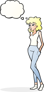 Bir insan tarafından çizilmiş düşünce baloncuğu olan güzel bir kadın.