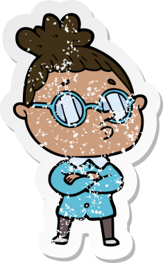 Bir insan tarafından çizilmiş gözlük takan karikatürlü bir kadının sıkıntılı çıkartması.