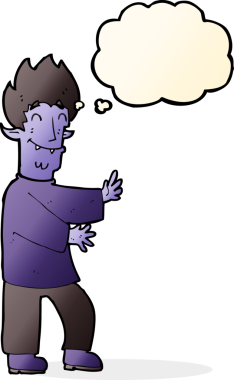 Bir insan tarafından çizilmiş düşünce baloncuğu olan heyecanlı bir vampir.