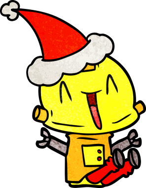 Bir insan tarafından çizilmiş Noel Baba şapkası giyen bir robotun el çizimi karikatürü.