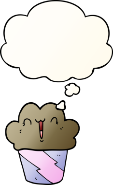 Yüzünde düşünce kabarcığı olan, bir insan tarafından çizilmiş karikatürlü kek.