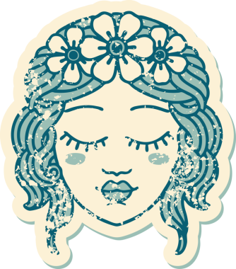 İkonik sıkıntılı dövme stili kadın yüzü bir insan tarafından çizilmiş gözleri.