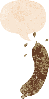 grunge 'da konuşma baloncuğu olan çizgi film sosisi bir insan tarafından çizilmiş rahatsız edilmiş retro dokuma tarzı