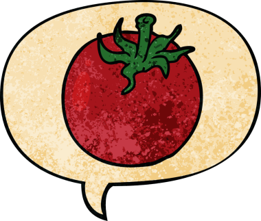 bir insan tarafından çizilmiş, eski dokuma tarzında konuşma baloncuklu taze domates.