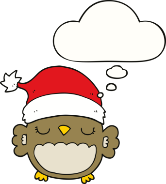 Bir insan tarafından çizilmiş düşünce baloncuklu şirin noel baykuşu.