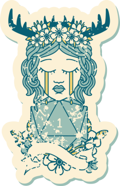 Retro Dövme Tarzı Ağlayan İnsan Druid Bir insan tarafından çizilmiş D20 doğal bir rulo