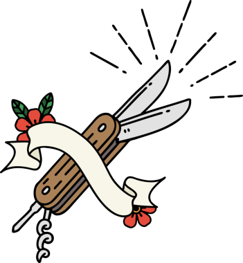 Bir insan tarafından çizilmiş dövme stili katlama bıçaklı parşömen.