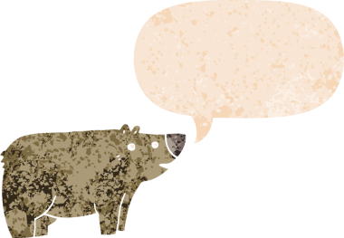 Bir insan tarafından çizilmiş grunge sıkıntılı retro biçimli konuşma balonu ile çizgi film ayısı