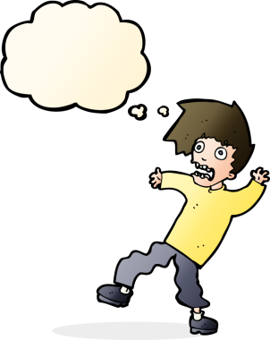 Bir insan tarafından çizilmiş düşünce baloncuğuyla dehşete düşmüş bir adam.