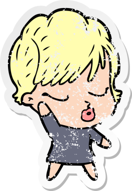 Bir insan tarafından çizilmiş gözleri olan karikatürlü bir kadının sıkıntılı çıkartması.