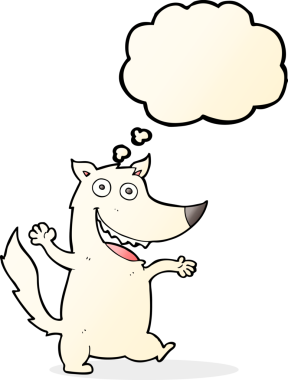 Bir insan tarafından çizilmiş düşünce balonlu mutlu kurt çizgi filmi.