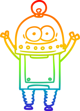 Gökkuşağı gradyan çizgisi mutlu bir karton robot çizimi ve bir insan tarafından çizilmiş ampul.
