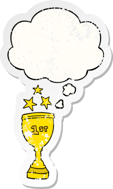 Düşünce baloncuklu çizgi film spor kupası bir insan tarafından çizilmiş yıpranmış bir çıkartma.