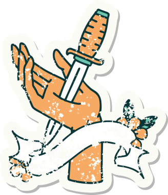 Bir insan tarafından çizilmiş bir hançerin bayrağını taşıyan eski bir etiket.