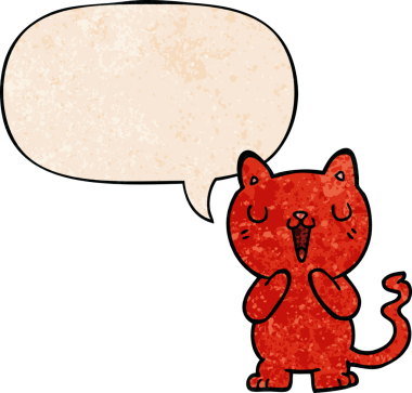 Konuşma baloncuğu olan çizgi film kedisi insan tarafından çizilmiş eski moda dokular.