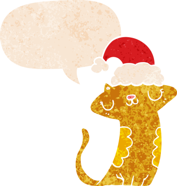 Sevimli çizgi film kedisi Noel şapkası takıyor ve grunge şeklinde konuşma balonu takıyor.