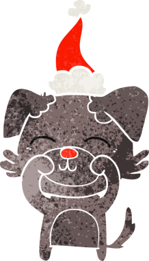 Bir insan tarafından çizilmiş Noel Baba şapkası takan bir köpeğin retro karikatürü.