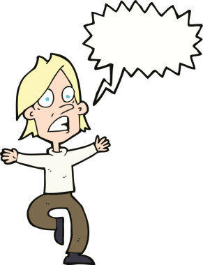 Bir insan tarafından çizilmiş konuşma baloncuğuyla panikleyen bir karikatür.