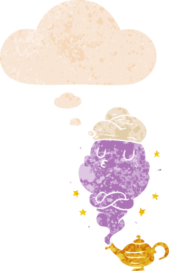 grunge 'da düşünce baloncuğu olan çizgi film cini bir insan tarafından çizilmiş sıkıntılı retro dokuma tarzı