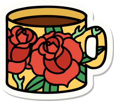 Geleneksel bir kupa stili dövme çıkartması ve bir insan tarafından çizilmiş çiçekler.