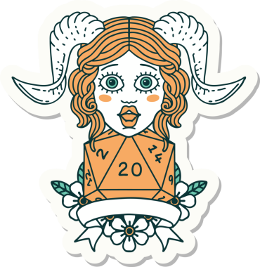 Bir insan tarafından çizilmiş doğal yirmi zarla yapıştırılmış bir etiket.