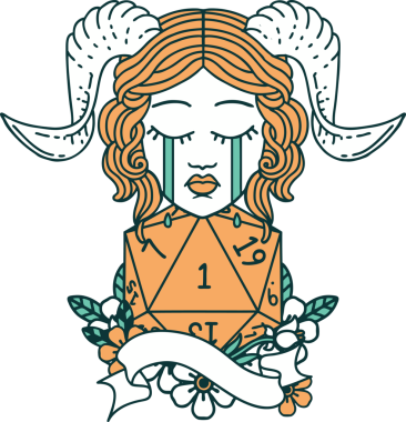 Retro Dövme Biçimi ağlayarak doğal bir D20 rulosuyla bir insan tarafından çizilmiş.