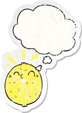 Düşünce baloncuklu şirin çizgi film limonu bir insan tarafından çizilmiş yıpranmış bir çıkartma gibi.