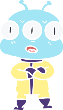 Düz renkli karikatür. Bir insan tarafından çizilmiş üç gözlü uzaylı.