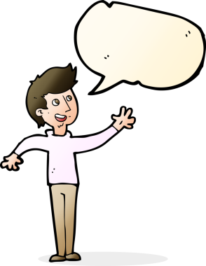 Bir insan tarafından çizilmiş konuşma baloncuğuyla el sallayan çizgi film adamı.