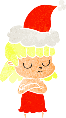 Bir insan tarafından çizilmiş Noel Baba şapkası giyen kayıtsız bir kadının el çizimi karikatürü.