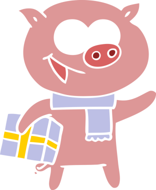 Bir insan tarafından çizilmiş Noel hediyeli neşeli bir domuz.