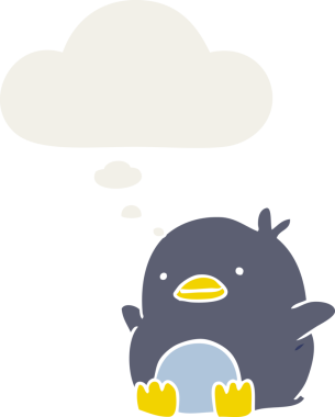 Bir insan tarafından çizilmiş düşünce baloncuğu olan sevimli penguen çizgi filmi.